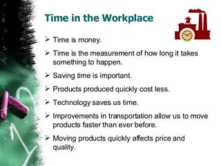 Time in the Workplace Time is money. Time is the measurement of how long it takes something to happen. Saving time is important. Products produced quickly cost less. Technology saves us time. Improvements in transportation allow us to move products faster than ever before. Moving products quickly affects price and quality. 