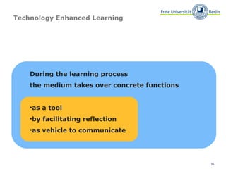 36
Technology Enhanced Learning
During the learning process
the medium takes over concrete functions
•as a tool
•by facili...