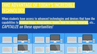 TAKE ADVANTAGE OF TODAY’S INCREDIBLE
TECHNOLOGY
When students have access to advanced technologies and devices that have the
capabilities to produce blogs, infographics, books, how-to videos, tutorials, etc...
CAPITALIZE on these opportunities!
 