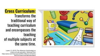 Cross Curriculum:
Transforms the
traditional way of
teaching curriculum
and encompasses the
teaching
of multiple subjects at
the same time.
Lopez, G. (2015) The influence of technology on
cross-curricula education. Retrieved from
https://prezi.com/1bqucppcowrl/the-influence-of-techno
logy-on-cross-curricular-education/
 