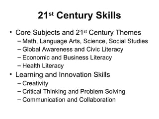 21 st  Century Skills Core Subjects and 21 st  Century Themes Math, Language Arts, Science, Social Studies Global Awareness and Civic Literacy Economic and Business Literacy Health Literacy Learning and Innovation Skills Creativity Critical Thinking and Problem Solving Communication and Collaboration 