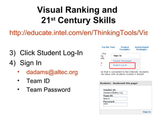 Visual Ranking and  21 st  Century Skills http://educate.intel.com/en/ThinkingTools/VisualRanking/ Click Student Log-In Sign In [email_address] Team ID Team Password 