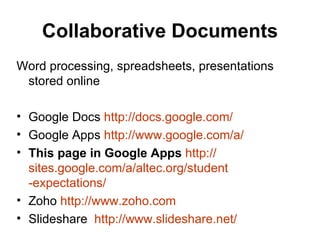 Collaborative Documents Word processing, spreadsheets, presentations stored online Google Docs  http:// docs.google.com /   Google Apps  http://www.google.com/a/ This page in Google Apps   http:// sites.google.com/a/altec.org/student -expectations/   Zoho  http:// www.zoho.com   Slideshare  http:// www.slideshare.net / 