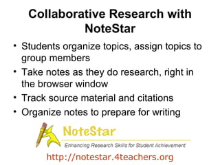 Collaborative Research with NoteStar Students organize topics, assign topics to group members Take notes as they do research, right in the browser window Track source material and citations Organize notes to prepare for writing http://notestar.4teachers.org 