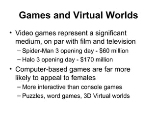 Games and Virtual Worlds Video games represent a significant medium, on par with film and television Spider-Man 3 opening day - $60 million Halo 3 opening day - $170 million Computer-based games are far more likely to appeal to females More interactive than console games Puzzles, word games, 3D Virtual worlds 
