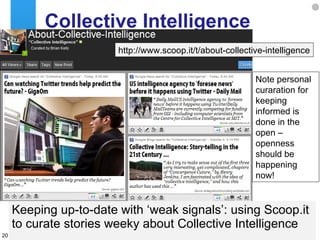 Collective Intelligence Keeping up-to-date with ‘weak signals’: using Scoop.it to curate stories weeky about Collective Intelligence http://www.scoop.it/t/about-collective-intelligence Note personal curaration for keeping informed is done in the open – openness should be happening now! 
