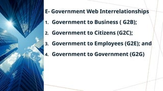 E- Government Web Interrelationships
1. Government to Business ( G2B);
2. Government to Citizens (G2C);
3. Government to Employees (G2E); and
4. Government to Government (G2G)
 