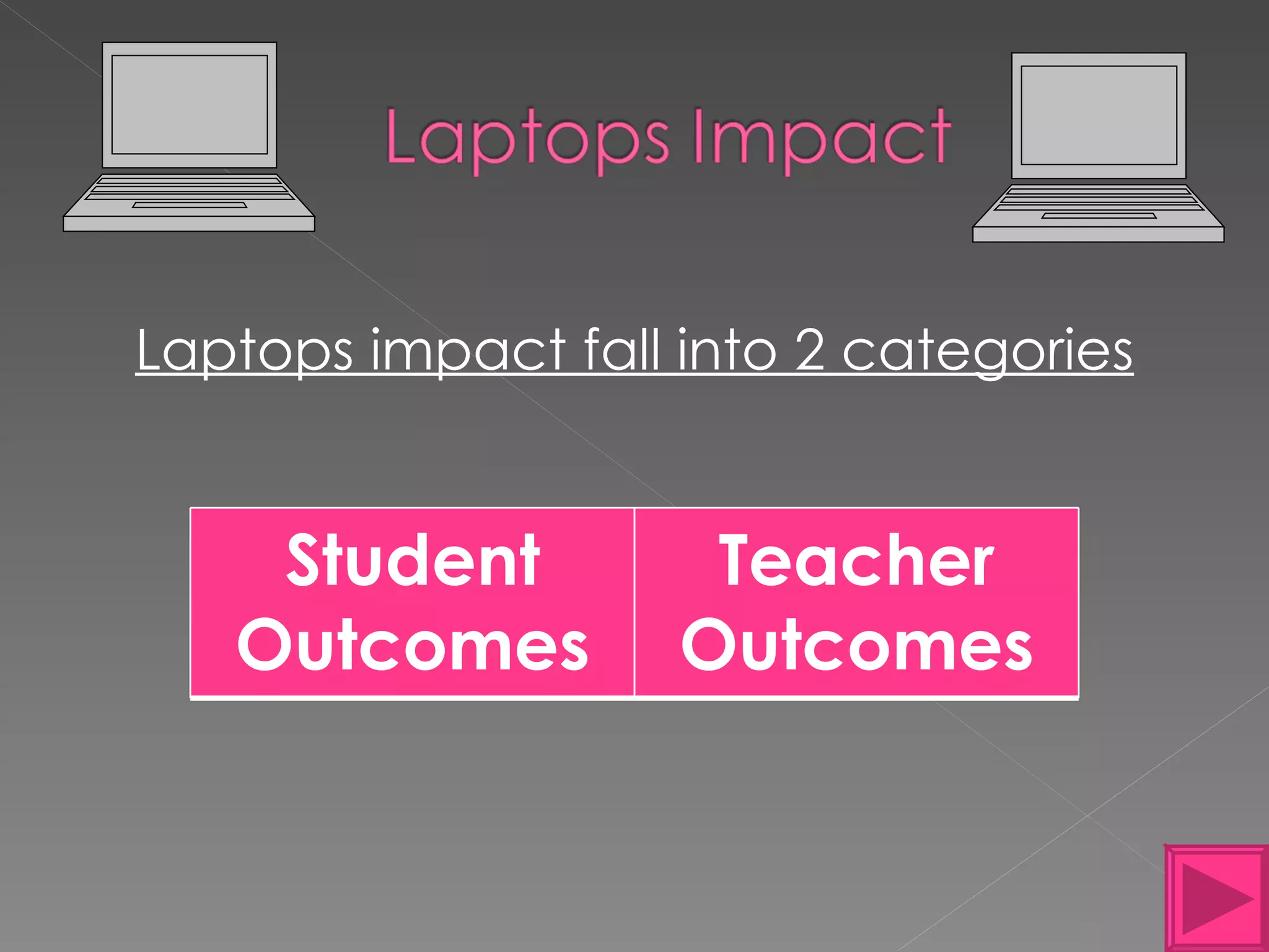 Laptops impact fall into 2 categories Student Outcomes Teacher Outcomes 