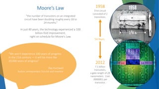 Moore’s Law
“the number of transistors on an integrated
circuit have been doubling roughly every 18 to
24 months.”
“We won't experience 100 years of progress
in the 21st century — it will be more like
20,000 years of progress”
Ray Kurzweil
Author, entrepreneur, futurist and inventor
In just 40 years, the technology experienced a 100
billion-fold improvement,
right on schedule for Moore's Law.
2012
7.1 billion
transistors,
a gate length of 28
nanometers. Cost
.0000001 per
transistor.
1958
First circuit
consisted of 2
transistors.
54 Years
 