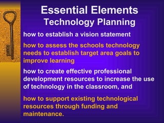 how to establish a vision statement   how to assess the schools technology needs to establish target area goals to improve learning how to create effective professional development resources to increase the use of technology in the classroom, and  how to support existing technological resources through funding and maintenance.  Essential Elements Technology Planning 