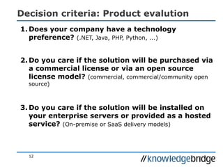 Decision criteria: Product evalution
1. Does your company have a technology
preference? (.NET, Java, PHP, Python, ...)
2. Do you care if the solution will be purchased via
a commercial license or via an open source
license model? (commercial, commercial/community open
source)
3. Do you care if the solution will be installed on
your enterprise servers or provided as a hosted
service? (On-premise or SaaS delivery models)
12
 