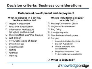 Decision criteria: Business considerations
What is included in a set-up/
implementation fee?
 Project Management
 Functional Specification
 Information Architecture
(structure and hierachy)
 Sketches/Mock-ups/Wire-Frames
 Web Design
 HTML/CSS coding of design
 System set up
 Customization
 Testing
 Approval
 Training
What is included in a regular
monthly fee?
 Hosting/Connection (SLA)
 Upgrades/Maintenance
 Bug fixing
 Change requests
 New features development
 Support
• Upgrade & Update Services
• Support Availability
• Critical Software Non-
Conformance
• Response/Resolution Time
• System & Network Availability
 What is excluded?
9
Outsourced development and deployment
 