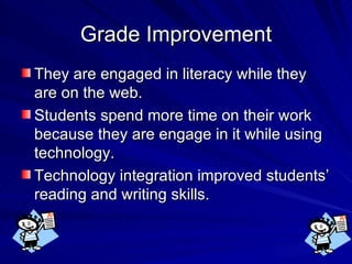 Grade Improvement They are engaged in literacy while they are on the web. Students spend more time on their work because they are engage in it while using technology. Technology integration improved students’ reading and writing skills. 