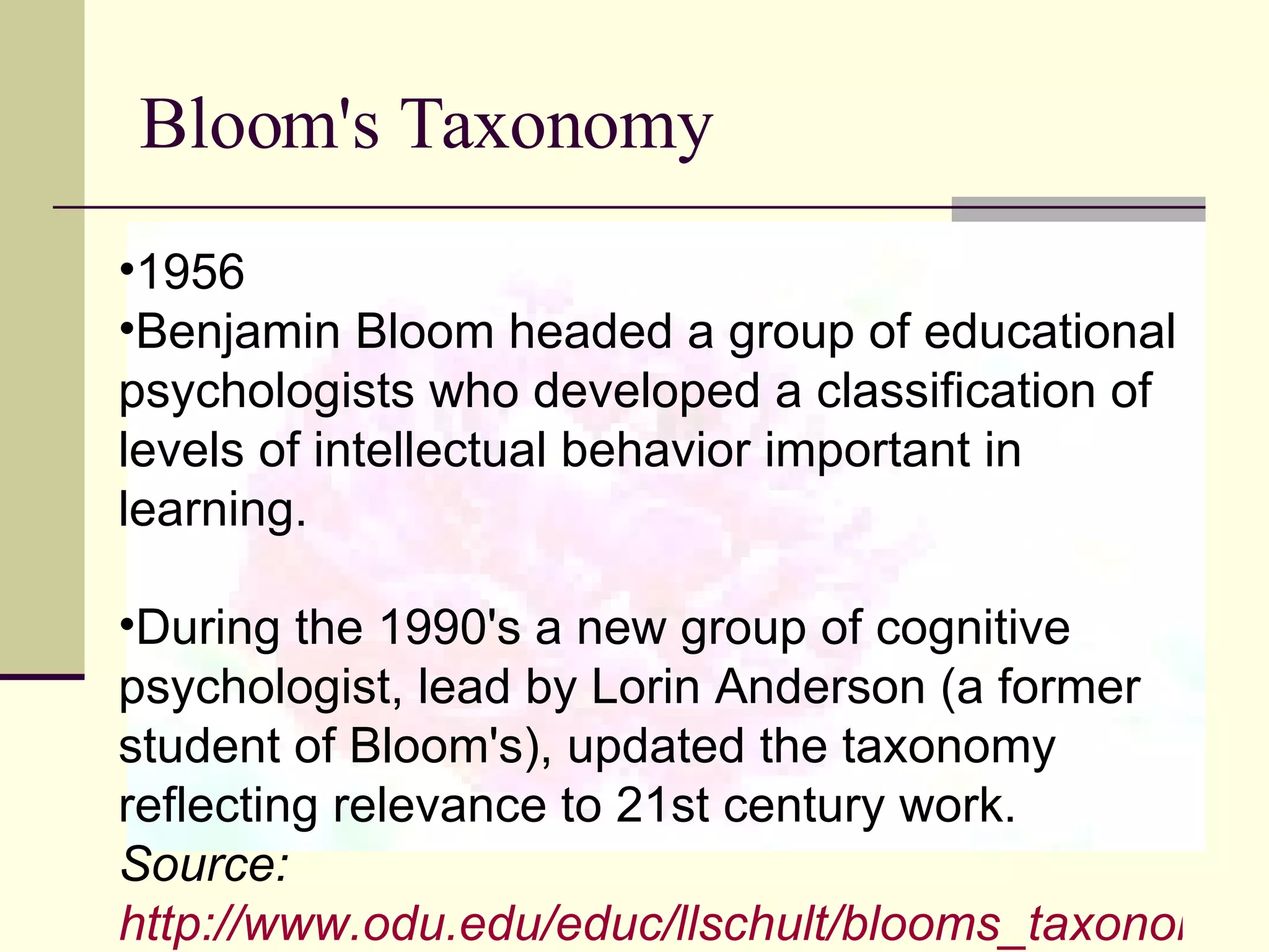 Bloom's Taxonomy 1956 Benjamin Bloom headed a group of educational psychologists who developed a classification of levels of intellectual behavior important in learning. During the 1990's a new group of cognitive psychologist, lead by Lorin Anderson (a former student of Bloom's), updated the taxonomy reflecting relevance to 21st century work.  Source:  http://www.odu.edu/educ/llschult/blooms_taxonomy.htm 