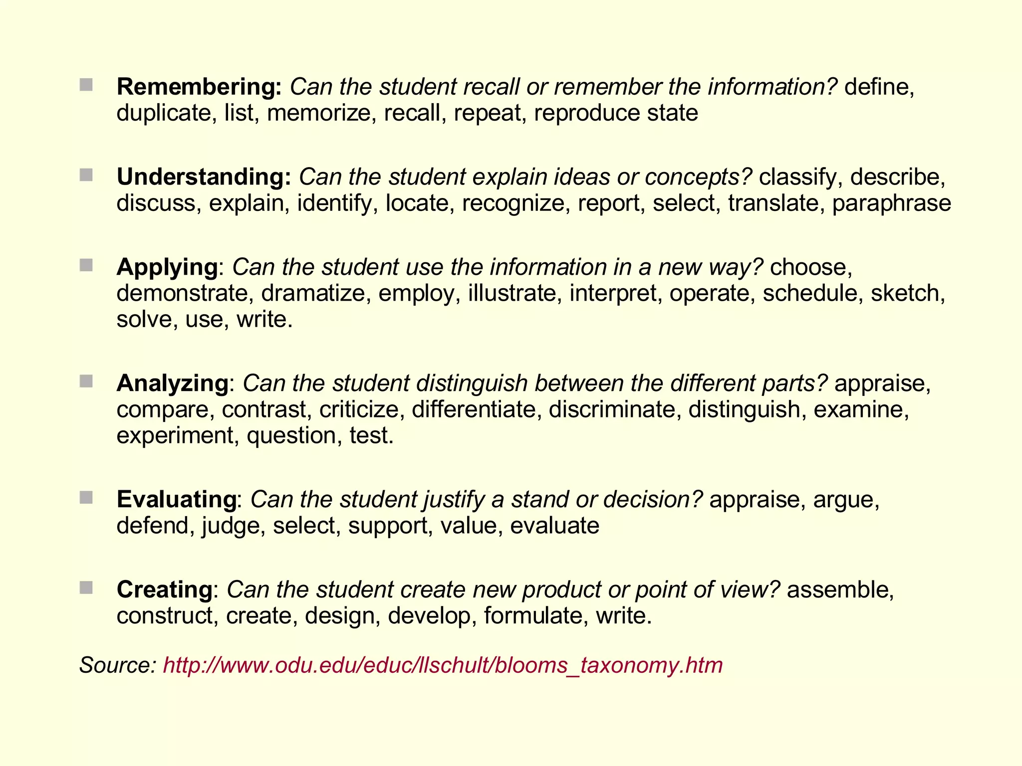 Remembering:   Can the student recall or remember the information?  define, duplicate, list, memorize, recall, repeat, reproduce state Understanding:   Can the student explain ideas or concepts?  classify, describe, discuss, explain, identify, locate, recognize, report, select, translate, paraphrase Applying :  Can the student use the information in a new way?  choose, demonstrate, dramatize, employ, illustrate, interpret, operate, schedule, sketch, solve, use, write.  Analyzing :  Can the student distinguish between the different parts?  appraise, compare, contrast, criticize, differentiate, discriminate, distinguish, examine, experiment, question, test.  Evaluating :  Can the student justify a stand or decision?  appraise, argue, defend, judge, select, support, value, evaluate Creating :  Can the student create new product or point of view?  assemble, construct, create, design, develop, formulate, write.  Source:  http://www.odu.edu/educ/llschult/blooms_taxonomy.htm 