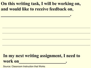 On this writing task, I will be working on, and would like to receive feedback on ,  _______________________________.  In my next writing assignment, I need to work on_____________________. Source: Classroom Instruction that Works 