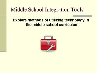 Middle School Integration Tools Explore methods of utilizing technology in the middle school curriculum: LINK 
