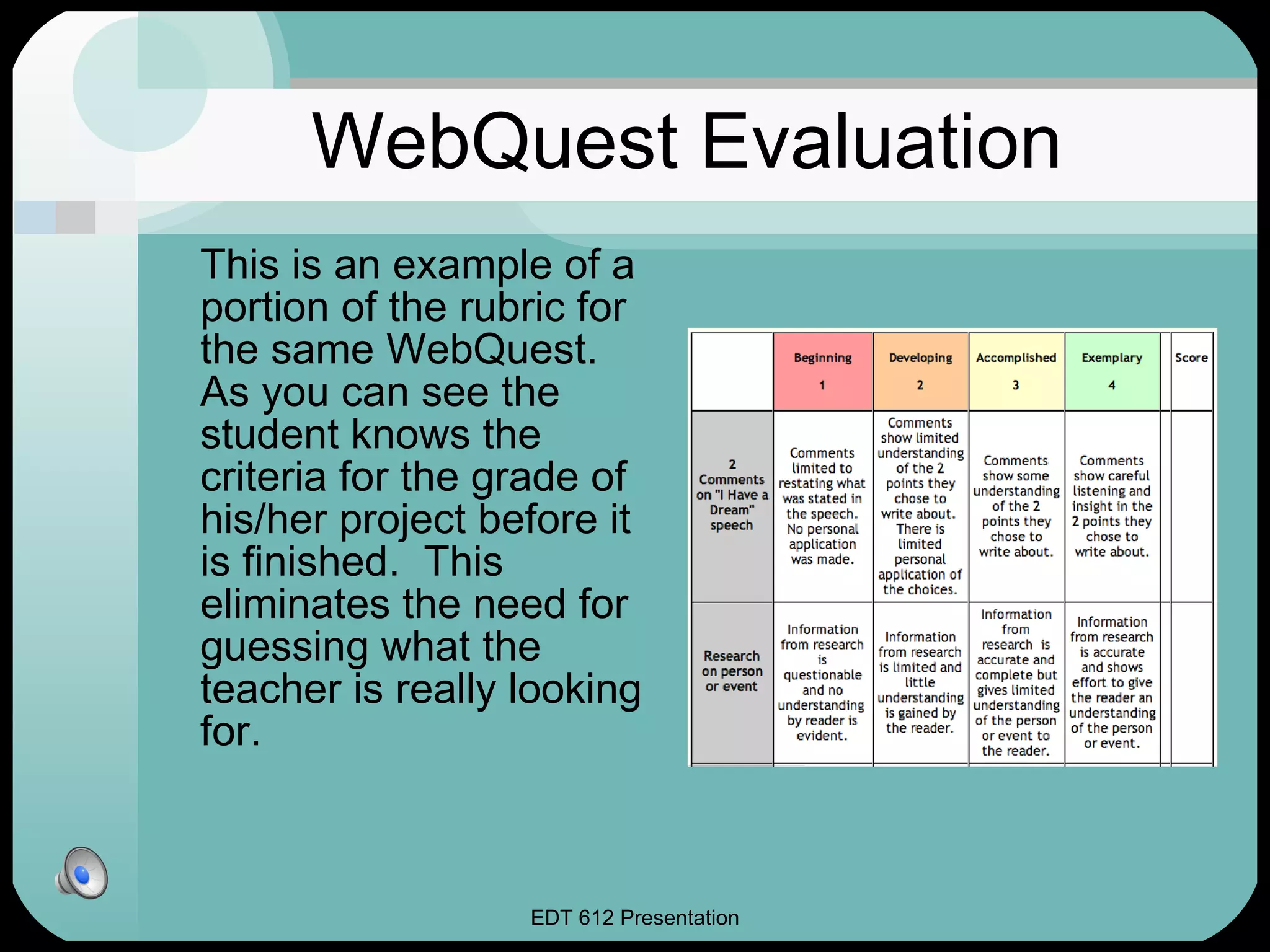 WebQuest Evaluation This is an example of a portion of the rubric for the same WebQuest.  As you can see the student knows the criteria for the grade of his/her project before it is finished.  This eliminates the need for guessing what the teacher is really looking for. 