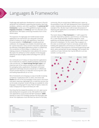 Languages & Frameworks
Technology Radar - May 2013 - 11
Single-page web application development continues to flourish
along with the frameworks supporting data binding, client-side
templates, validation, and other capabilities. The JavaScript MV*
frameworks in active use on ThoughtWorks projects include
AngularJS, Knockout, and Ember.js. Each has advocates and a
few detractors. We expect continuing innovative churn in this
vibrant space.
The expansion of single-page and mobile browser-based
applications into mainstream use, along with continued
growth of node.js for server-side applications, have led to
increased adoption of CoffeeScript to simplify JavaScript
codebases. As a language that compiles into JavaScript code
for runtime execution, many concerns have been raised about
the difficulty of debugging applications written in CoffeeScript.
The introduction of Source Maps in CoffeeScript 1.6.1 is
helping producers of development tools address this concern.
We expect this will lead to further adoption of the language
following the lead of highly visible technology firms such as
Dropbox.
Our continued use of node.js on new production applications
has re-enforced our need for reliable packaging of JavaScript
code and libraries. The Node Package Manager (npm) is an
important part of the node.js ecosystem and a useful tool
for packaging node.js applications. Developers of browser
applications with large amounts of JavaScript or CoffeeScript
should consider Require.js to help with structuring their code
and loading dependencies at run time.
Micro-frameworks are emerging as a way to handle increasing
complexity in applications both on client- and server-side.
Sinatra was one of the first examples of that trend in the server-
side space, exposing a lightweight DSL to build fast services that
can be easily composed. Similar offerings are available for other
languages, including Spark for Java, Flask for Python, Sclatra for
Scala, Compojure for Clojure and Nancy for .NET.
One thing that has slowed the evolution of a rich, open source
web development ecosystem on the .NET platform has been
over-dependence on IIS and the ASP.NET framework. OWIN
specifies an open HTTP handling interface that decouples web
server from application much like Rack has done for the Ruby
community. We are excited about OWIN because it opens up
the possibility of new .NET web development tools composed of
simple, independently-developed modules. Nancy is the perfect
example of this. We also hope it will increase the practice of
deploying web applications as standalone, self-hosted services
on the .NET platform.
The recent release of Play Framework 2.1.1 with support for
controller dependency injection, asynchronous, non-blocking
I/O, a code-reload workflow, database migrations, asset
pipelining, and flexible deployment options has made it more
attractive to developers. For this reason Play re-appears on
the radar as something for teams to seriously consider when
building web applications and services on the JVM. A word of
caution however, Play embraces a functional programming style
which, when working with the Java language, still translates into
a plethora of static methods that may be difficult to unit test
outside a running server.
28
17
18
21
16
20
14
4
3
1
2
31
35
36
41
51
43
44
42
50
87
95
101
9694
100
93
88
89
102
104
99
90
63
56
57
59
6260
79
75
72
83
84
81
22
2324
26
27
25
19
9 15
5
3032
29
33
37
39
34
40
45
38
49
47
46
48
91
82
85
92
86
97
98
103
13
10
12
11
7
64
55
53
52
54
58
67
65
61
66
80
73
74
76
68
77
71
70
69
78
Hold HoldAssess AssessTrial TrialAdopt Adopt
Hold HoldAssess AssessTrial TrialAdopt Adopt
8
6
ADOPT
81	Clojure
82	 CSS frameworks
83	 Jasmine paired with Node.js
84	Scala
85	Sinatra
TRIAL
86	 CoffeeScript
87	Dropwizard
88	 HTML5 for offline applications
89	 JavaScript as a platform
90	 JavaScript MV* frameworks
91	 Play Framework 2
92	 Require.js & NPM
93	 Scratch, Alice, and Kodu
ASSESS
94	ClojureScript
95	Gremlin
96	Lua
97	Nancy
98	OWIN
99	RubyMotion
100	 Twitter Bootstrap
HOLD
101	Backbone.js
102	 Component-based frameworks
103	 Handwritten CSS
104	 Logic in stored procedures
© May 2013, ThoughtWorks, Inc. All Rights Reserved.
 