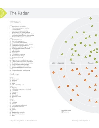 Technology Radar - May 2013 - 3
The Radar
28
17
18
21
16
20
14
4
3
1
2
31
35
36
41
51
43
44
42
50
22
2324
26
27
25
19
9 15
5
3032
29
33
37
39
40
45
38
49
47
46
48
13
10
12
11
7
8
6
Hold Assess Trial Adopt
34
Techniques
ADOPT
1	 Aggregates as documents
2	 Automated deployment pipeline
3	 Guerrilla testing
4	 In-process acceptance testing
5	 Mobile testing on mobile networks
6	 Performance testing as a first-class citizen
7	 Promises for asynchronous programming
8	 Windows infrastructure automation
TRIAL
9	 Analyzing test runs
10	 Blue-green deployment
11	 Co-location by telepresence
12	 Continuous delivery for mobile devices
13	 Database migrations for NoSQL
14	 Edge Side Includes for page composition
15	 HTML5 storage instead of cookies
16	 Logs as data
17	Micro-services
18	 Mobile first
19	 Perimeterless enterprise
20	 Responsive web design
21	 Semantic monitoring
ASSESS
22	 Capturing client-side JavaScript errors
23	 Collaborative analytics and data science
24	 Development environments in the cloud
25	 Focus on mean time to recovery
26	 Machine image as a build artifact
27	 Minimizing application configuration
HOLD
28	 Exhaustive browser based testing
Platforms
ADOPT
29	 Elastic Search
30	MongoDB
31	Neo4J
32	Redis
33	 SMS and USSD as a UI
TRIAL
34	BigQuery
35	 Continuous integration in the cloud
36	Couchbase
37	 Hadoop 2.0
38	Node.js
39	OpenStack
40	 Rackspace Cloud
41	Riak
ASSESS
42	Azure
43	Calatrava
44	Datomic
45	 PhoneGap/Apache Cordova
46	 PostgreSQL for NoSQL
47	Vumi
48	Zepto.js
HOLD
49	 Big enterprise solutions
50	 Singleton infrastructure
51	WS-*
© May 2013, ThoughtWorks, Inc. All Rights Reserved.
New or moved
No change
 