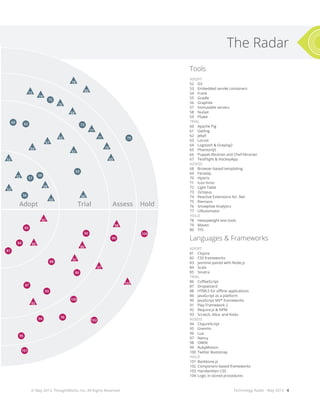 Technology Radar - May 2013 - 4
The Radar
87
95
101
9694
100
93
88
89
102
104
99
90
63
56
57
59
6260
79
75
72
83
84
81
91
82
85
92
86
97
98
103
64
55
53
52
54
58
67
65
61
66
80
73
74
76
68
77
71
70
69
78
HoldAssessTrialAdopt
Tools
ADOPT
52	D3
53	 Embedded servlet containers
54	Frank
55	Gradle
56	Graphite
57	 Immutable servers
58	NuGet
59	PSake
TRIAL
60	 Apache Pig
61	Gatling
62	Jekyll
63	Locust
64	 Logstash & Graylog2
65	PhantomJS
66	 Puppet-librarian and Chef-librarian
67	 TestFlight & HockeyApp
ASSESS
68	 Browser-based templating
69	Faraday
70	Hystrix
71	 Icon fonts
72	 Light Table
73	Octopus
74	 Reactive Extensions for .Net
75	Riemann
76	 Snowplow Analytics
77	UIAutomator
HOLD
78	 Heavyweight test tools
79	Maven
80	TFS
Languages & Frameworks
ADOPT
81	Clojure
82	 CSS frameworks
83	 Jasmine paired with Node.js
84	Scala
85	Sinatra
TRIAL
86	 CoffeeScript
87	Dropwizard
88	 HTML5 for offline applications
89	 JavaScript as a platform
90	 JavaScript MV* frameworks
91	 Play Framework 2
92	 Require.js & NPM
93	 Scratch, Alice, and Kodu
ASSESS
94	ClojureScript
95	Gremlin
96	Lua
97	Nancy
98	OWIN
99	RubyMotion
100	 Twitter Bootstrap
HOLD
101	Backbone.js
102	 Component-based frameworks
103	 Handwritten CSS
104	 Logic in stored procedures
© May 2013, ThoughtWorks, Inc. All Rights Reserved.
 
