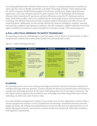 As a leading global provider of Patient Safety services, Covance is uniquely positioned to combine our
safety expertise with our flexible and full life cycle Safety Technology Solutions. These solutions help
life science companies build Pharmacovigilance IT reference architectures, deploy signal detection
applications, and create enterprise portals for safety analytics. Our PV Technology and Automation
solutions help to transform PV operations and drive efficiencies across the PV continuum and our
safety cloud solution offers a full service validated private cloud single tenancy solution based on Argus
technology. Our Medical Call Center provides compliant medical information and safety services for
medical products. Additionally, we also provide solutions for business intelligence, analytics, querying
and reporting, validation and regulatory compliance. We offer companies a global model that ensures the
highest standards of compliance, quality and agility for reacting to change, while minimizing cost.
A FULL LIFE CYCLE APPROACH TO SAFETY TECHNOLOGY
By organizing our process methodologies across four stages, each of which is interconnected, we offer a
comprehensive solution that enables project productivity and predictable results.
Figure 2 – Safety Technology Life Cycle
PLANNING
Our planning services assess your existing technology environment and create innovative and practical
strategies that align with your priorities. Covance will plan the delivery of a tailored safety environment to
manage your technology priorities for the future while getting value out of your legacy investments. We
will explore business opportunities provided by new technology innovation and provide advice on how
technology can deliver you more business value.
As a safety database managed service (Figure 2) may make sense for your organization, Covance offers a
cohesive program that embraces our key competencies of technology, streamlined processes and tools,
people and quality. By unifying and standardizing on our best-in-class processes generated from our IT
Quality Management System, we maximize customer productivity and provide audit-ready compliance
with regulatory requirements.
 