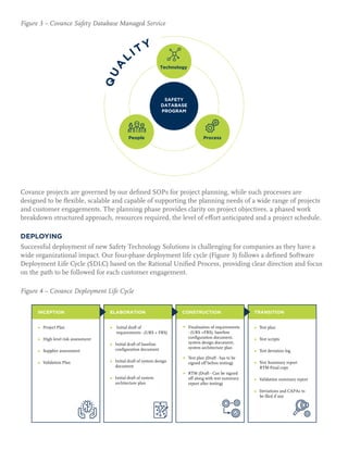 Figure 3 – Covance Safety Database Managed Service
Covance projects are governed by our defined SOPs for project planning, while such processes are
designed to be flexible, scalable and capable of supporting the planning needs of a wide range of projects
and customer engagements. The planning phase provides clarity on project objectives, a phased work
breakdown structured approach, resources required, the level of effort anticipated and a project schedule.
DEPLOYING
Successful deployment of new Safety Technology Solutions is challenging for companies as they have a
wide organizational impact. Our four-phase deployment life cycle (Figure 3) follows a defined Software
Deployment Life Cycle (SDLC) based on the Rational Unified Process, providing clear direction and focus
on the path to be followed for each customer engagement.
Figure 4 – Covance Deployment Life Cycle
 