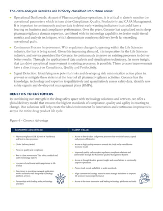 The data analysis services are broadly classified into three areas:
▶	Operational Dashboards: As part of Pharmacovigilance operations, it is critical to closely monitor the
operational parameters which in turn drive Compliance, Quality, Productivity and CAPA Management.
It is important to continuously analyze data to detect early warning indicators that could have a
bearing on business and compliance performance. Over the years, Covance has capitalized on its deep
pharmacovigilance domain expertise, combined with its technology capability, to devise multi-tiered
metrics and analysis techniques, which demonstrate consistent delivery levels far exceeding
operational goals.
▶	Continuous Process Improvement: With regulatory changes happening within the Life Sciences
industry, the bar is being raised. Given this increasing demand, it is imperative for the Life Sciences
industry, and service providers like Covance, to continuously improve on existing processes to deliver
better results. Through the application of data analysis and visualization techniques, far more insight,
that can drive operational improvement in existing processes, is possible. These process improvements
have a direct impact on Compliance, Quality and Productivity.
▶	Signal Detection: Identifying new potential risks and developing risk minimization action plans to
prevent or mitigate these risks is at the heart of all pharmacovigilance activities. Covance has the
knowledge, technology and expertise to qualitatively and quantitatively assess safety data, identify new
safety signals and develop risk management plans (RMPs).
BENEFITS TO CUSTOMERS
By combining our strength in the drug safety space with technology solutions and services, we offer a
global delivery model that ensures the highest standards of compliance, quality and agility in reacting to
change. Our solutions will help create the ideal environment for innovation and continuous improvement
across the entire drug product life cycle.
Figure 6 – Covance Advantage
 