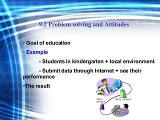 Goal of education Example - Students in kindergarten + local environment - Submit data through Internet + see their performance  The result 9.2 Problem solving and Attitudes  