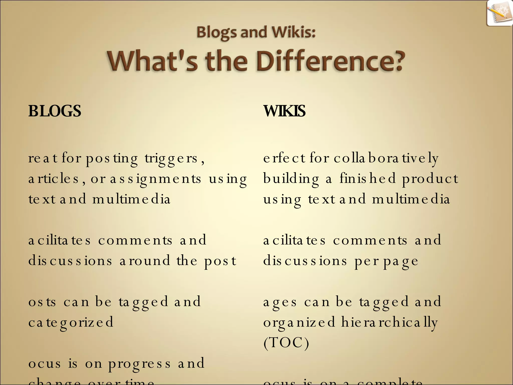 BLOGS Great for posting triggers, articles, or assignments using text and multimedia Facilitates comments and discussions around the post Posts can be tagged and categorized Focus is on progress and change over time WIKIS Perfect for collaboratively building a finished product using text and multimedia Facilitates comments and discussions per page Pages can be tagged and organized hierarchically (TOC) Focus is on a complete collection of pages