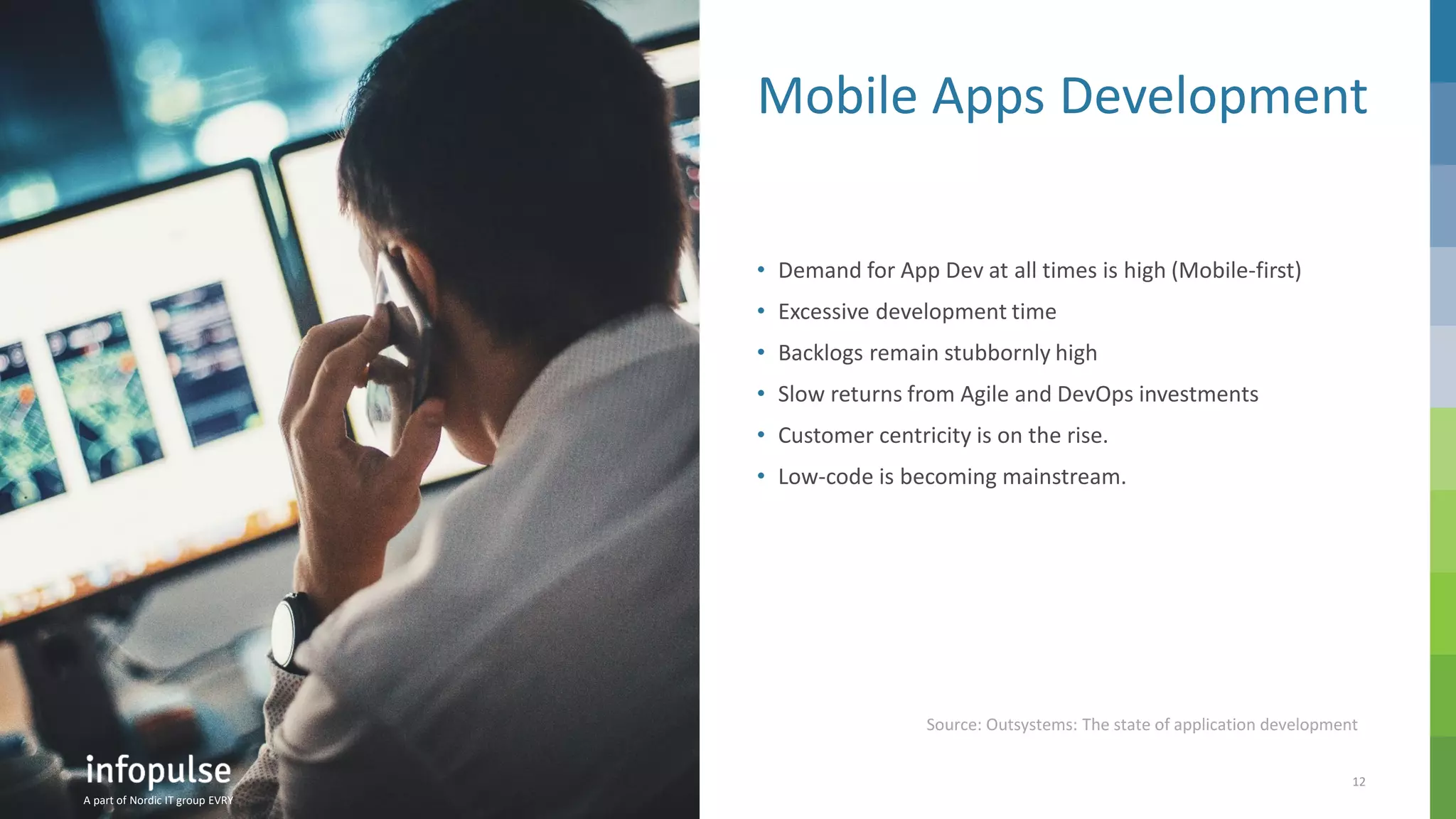 A part of Nordic IT group EVRY
12
A part of Nordic IT group EVRY
Mobile Apps Development
• Demand for App Dev at all times is high (Mobile-first)
• Excessive development time
• Backlogs remain stubbornly high
• Slow returns from Agile and DevOps investments
• Customer centricity is on the rise.
• Low-code is becoming mainstream.
A part of Nordic IT group EVRY
Source: Outsystems: The state of application development
 