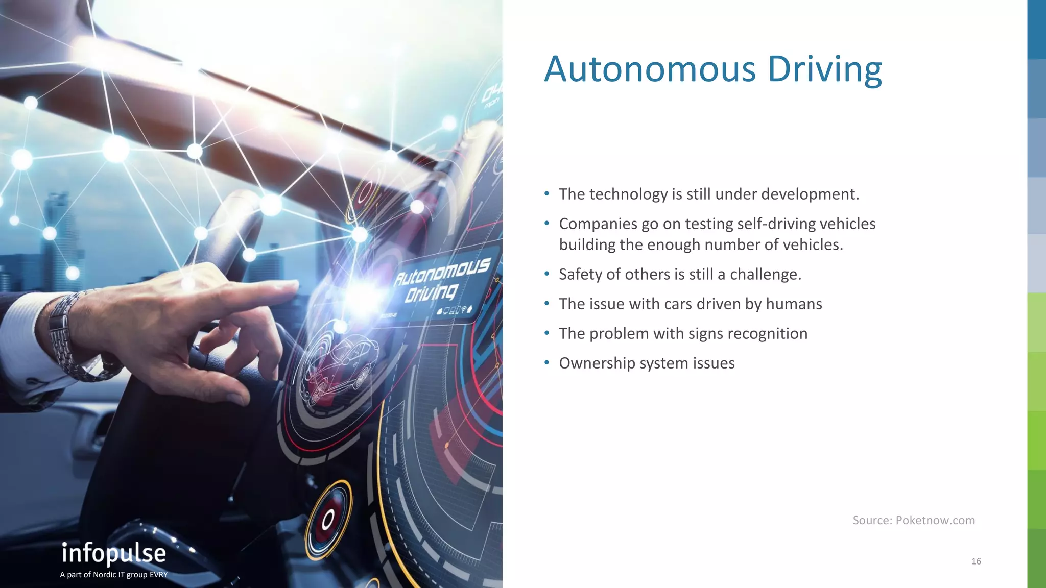 A part of Nordic IT group EVRY
16
A part of Nordic IT group EVRY
Autonomous Driving
• The technology is still under development.
• Companies go on testing self-driving vehicles
building the enough number of vehicles.
• Safety of others is still a challenge.
• The issue with cars driven by humans
• The problem with signs recognition
• Ownership system issues
A part of Nordic IT group EVRY
Source: Poketnow.com
 