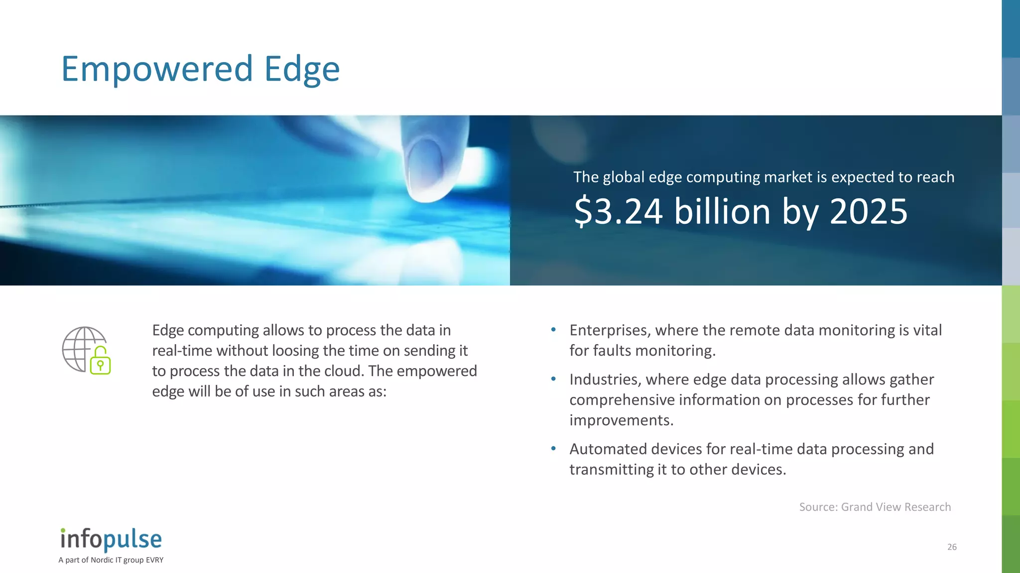 A part of Nordic IT group EVRY
26
Empowered Edge
Edge computing allows to process the data in
real-time without loosing the time on sending it
to process the data in the cloud. The empowered
edge will be of use in such areas as:
• Enterprises, where the remote data monitoring is vital
for faults monitoring.
• Industries, where edge data processing allows gather
comprehensive information on processes for further
improvements.
• Automated devices for real-time data processing and
transmitting it to other devices.
The global edge computing market is expected to reach
$3.24 billion by 2025
Source: Grand View Research
 