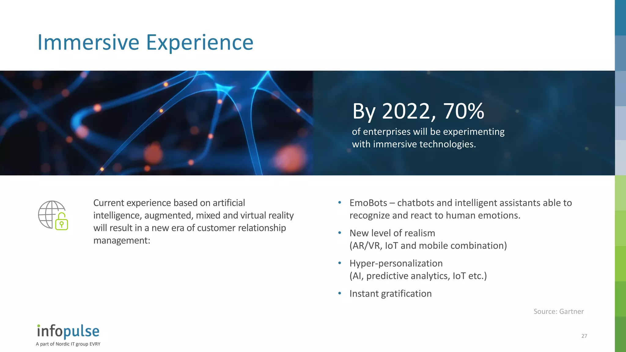 A part of Nordic IT group EVRY
27
Immersive Experience
Current experience based on artificial
intelligence, augmented, mixed and virtual reality
will result in a new era of customer relationship
management:
• EmoBots – chatbots and intelligent assistants able to
recognize and react to human emotions.
• New level of realism
(AR/VR, IoT and mobile combination)
• Hyper-personalization
(AI, predictive analytics, IoT etc.)
• Instant gratification
By 2022, 70%
of enterprises will be experimenting
with immersive technologies.
Source: Gartner
 