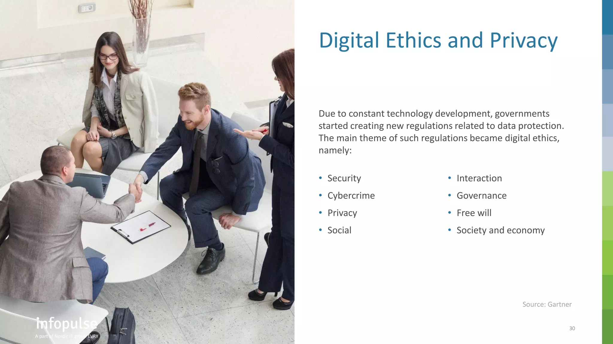 A part of Nordic IT group EVRY
30
A part of Nordic IT group EVRY
Digital Ethics and Privacy
Due to constant technology development, governments
started creating new regulations related to data protection.
The main theme of such regulations became digital ethics,
namely:
A part of Nordic IT group EVRY
Source: Gartner
• Security
• Cybercrime
• Privacy
• Social
• Interaction
• Governance
• Free will
• Society and economy
 