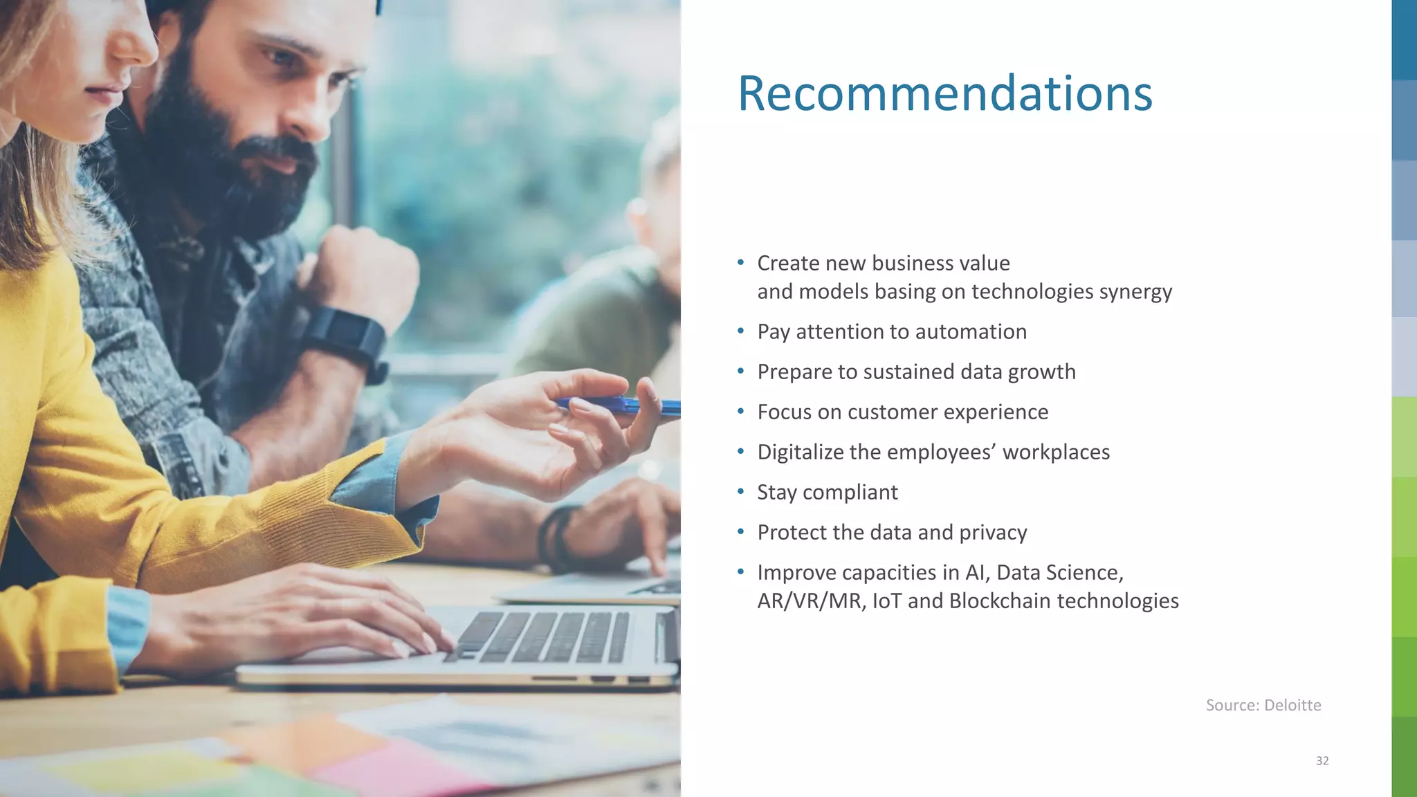 A part of Nordic IT group EVRY
32
A part of Nordic IT group EVRY
Recommendations
• Create new business value
and models basing on technologies synergy
• Pay attention to automation
• Prepare to sustained data growth
• Focus on customer experience
• Digitalize the employees’ workplaces
• Stay compliant
• Protect the data and privacy
• Improve capacities in AI, Data Science,
AR/VR/MR, IoT and Blockchain technologies
A part of Nordic IT group EVRY
Source: Deloitte
 