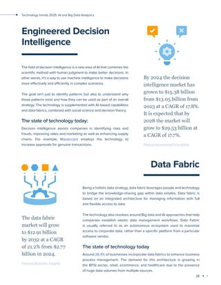 28
Technology trends 2025: AI and Big Data Analytics
Engineered Decision
Intelligence
The field of decision intelligence is a new area of AI that combines the
scientific method with human judgment to make better decisions. In
other words, it's a way to use machine intelligence to make decisions
more effectively and efficiently in complex scenarios.
The goal isn't just to identify patterns but also to understand why
those patterns exist and how they can be used as part of an overall
strategy. The technology is supplemented with AI-based capabilities
and data fabrics, combined with social science and decision theory.
The state of technology today:
Decision intelligence assists companies in identifying risks and
frauds, improving sales and marketing as well as enhancing supply
chains. For example, Mastercard employs the technology to
increase approvals for genuine transactions.
By 2024 the decision
intelligence market has
grown to $15.38 billion
from $13.05 billion from
2023 at a CAGR of 17.8%.
It is expected that by
2028 the market will
grow to $29.53 billion at
a CAGR of 17.7%.
thebusinessresearchcompany
Data Fabric
Being a holistic data strategy, data fabric leverages people and technology
to bridge the knowledge-sharing gap within data estates. Data fabric is
based on an integrated architecture for managing information with full
and flexible access to data.
The technology also revolves around Big data and AI approaches that help
companies establish elastic data management workflows. Data Fabric
is usually referred to as an autonomous ecosystem used to maximize
access to corporate data, rather than a specific platform from a particular
software vendor.
The state of technology today
Around 26.4% of businesses incorporate data fabrics to enhance business
process management. The demand for this architecture is growing in
the BFSI sector, retail, ecommerce, and healthcare due to the presence
of huge data volumes from multiple sources.
The data fabric
market will grow
to $12.91 billion
by 2032 at a CAGR
of 21.2% from $2.77
billion in 2024.
Fortune Business Insights
 