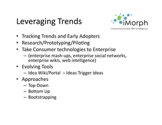 Leveraging Trends
• Tracking Trends and Early Adopters
• Research/Prototyping/Piloting
• Take Consumer technologies to Ent...