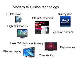 Modern television technology 3D television  Blu-ray disc High definition TV Laser TV display technology Internet television Video on demand Time shifting Pay -per-view Plasma display 