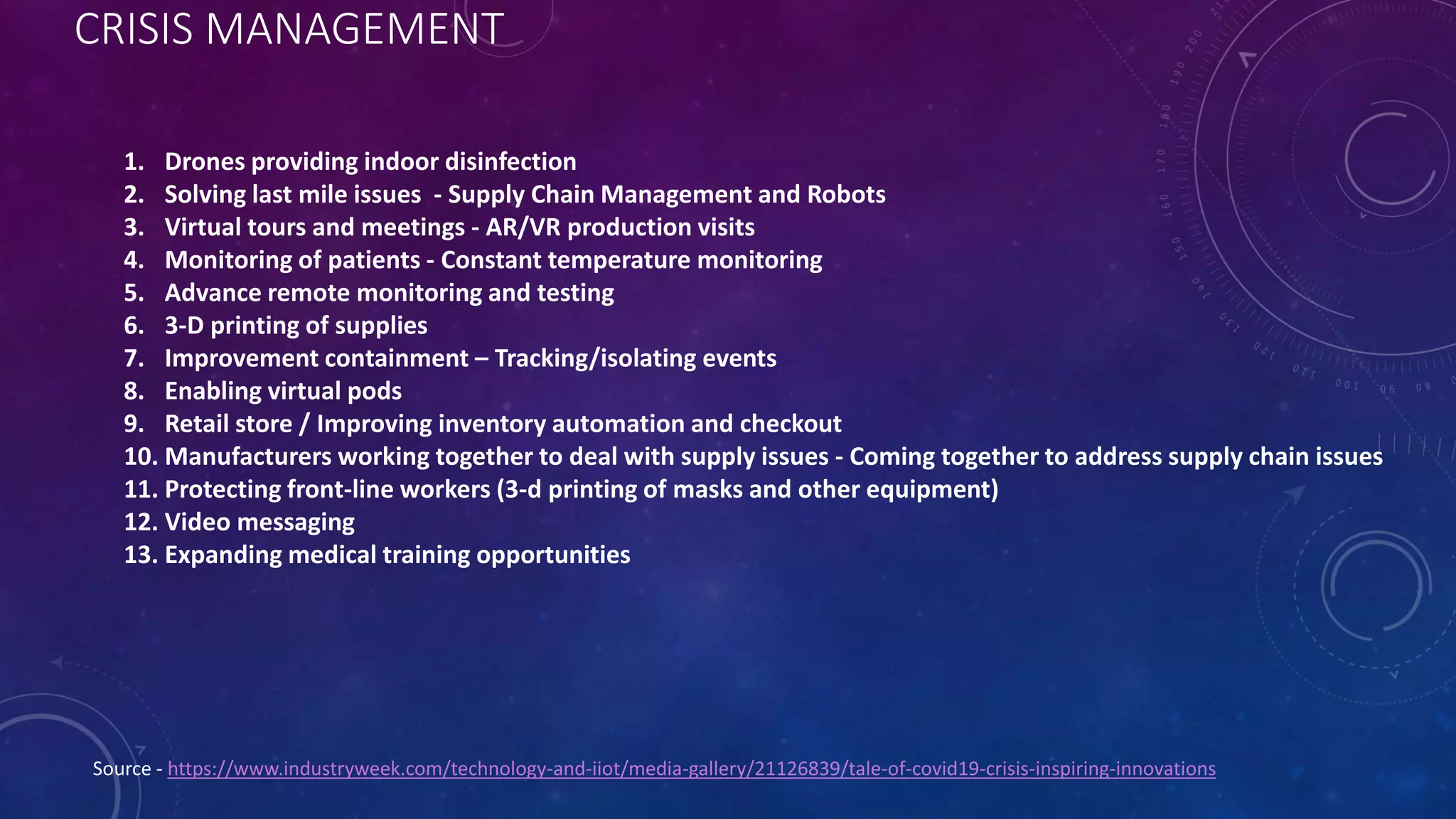 CRISIS MANAGEMENT
Source - https://www.industryweek.com/technology-and-iiot/media-gallery/21126839/tale-of-covid19-crisis-inspiring-innovations
1. Drones providing indoor disinfection
2. Solving last mile issues - Supply Chain Management and Robots
3. Virtual tours and meetings - AR/VR production visits
4. Monitoring of patients - Constant temperature monitoring
5. Advance remote monitoring and testing
6. 3-D printing of supplies
7. Improvement containment – Tracking/isolating events
8. Enabling virtual pods
9. Retail store / Improving inventory automation and checkout
10. Manufacturers working together to deal with supply issues - Coming together to address supply chain issues
11. Protecting front-line workers (3-d printing of masks and other equipment)
12. Video messaging
13. Expanding medical training opportunities
 