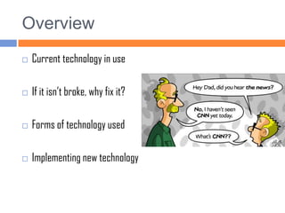 OverviewCurrent technology in useIf it isn’t broke, why fix it?Forms of technology usedImplementing new technology