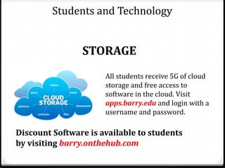 Students and Technology
STORAGE
All students receive 5G of cloud
storage and free access to
software in the cloud. Visit
apps.barry.edu and login with a
username and password.
Discount Software is available to students
by visiting barry.onthehub.com
 