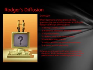 CHANGE?? When it comes to change there are 7 key questions that one should consider according to Rodger’s Diffusion of Innovations To develop a need for change.  To establish an information-exchange relationship.  To diagnose problems.  To create an intent in the client to change.  To translate an intent to action.  To stabilize adoption and prevent discontinuance.  To achieve a terminal relationship  A change can be brought to life when it comes to the classroom.  All of these key questions bring to mind a great discussion when considering a great change.  Rodger’s Diffusion 