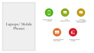Laptops/ Mobile
Phones
MOBILE PHONES /
LAPTOPS
· FOR
COMMUNICATION
· TEXTING ,
CALLING , SURFING
THE INTERNET
· ENTERTAINMENT,
EDUCATION
· BUSINESS, ONLINE
CLASSES
 