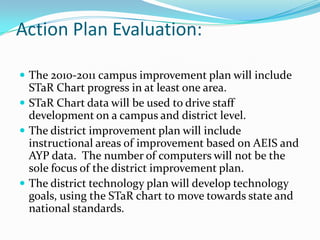 Action Plan Evaluation:The 2010-2011 campus improvement plan will include STaR Chart progress in at least one area.STaR Chart data will be used to drive staff development on a campus and district level.The district improvement plan will include instructional areas of improvement based on AEIS and AYP data.  The number of computers will not be the sole focus of the district improvement plan.The district technology plan will develop technology goals, using the STaR chart to move towards state and national standards.