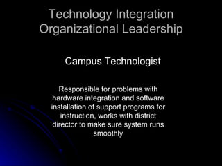 Technology Integration Organizational Leadership Campus Technologist Responsible for problems with hardware integration and software installation of support programs for instruction, works with district director to make sure system runs smoothly 