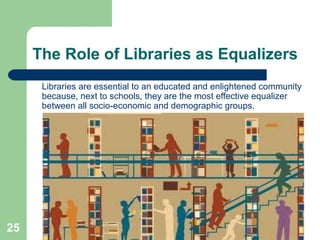 The Role of Libraries as Equalizers
Libraries are essential to an educated and enlightened community
because, next to schools, they are the most effective equalizer
between all socio-economic and demographic groups.

25

Fe Angela M. Verzosa

 