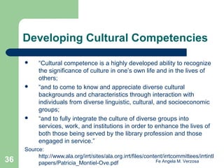Developing Cultural Competencies






36

“Cultural competence is a highly developed ability to recognize
the significance of culture in one’s own life and in the lives of
others;
“and to come to know and appreciate diverse cultural
backgrounds and characteristics through interaction with
individuals from diverse linguistic, cultural, and socioeconomic
groups;
“and to fully integrate the culture of diverse groups into
services, work, and institutions in order to enhance the lives of
both those being served by the library profession and those
engaged in service.”

Source:
http://www.ala.org/irrt/sites/ala.org.irrt/files/content/irrtcommittees/irrtintl
Fe Angela M. Verzosa
papers/Patricia_Montiel-Ove.pdf

 