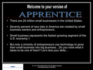 There are 25 million small businesses in the United States. Seventy percent of new jobs in America are created by small business owners and entrepreneurs. Small business represents the fastest growing segment of the U.S. economy.1 But only a minority of entrepreneurs use technology to grow their small business into big business…Do you have what it takes to be one of them? Let’s test your skills… © 1 on 1 Consulting Firm LLC all rights reserved Providing Quality IT Solution   