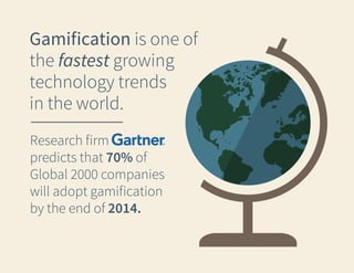 Gamification is one of
the fastest growing
technology trends
in the world.
Research firm
predicts that 70% of
Global 2000 companies
will adopt gamification
by the end of 2014.

 